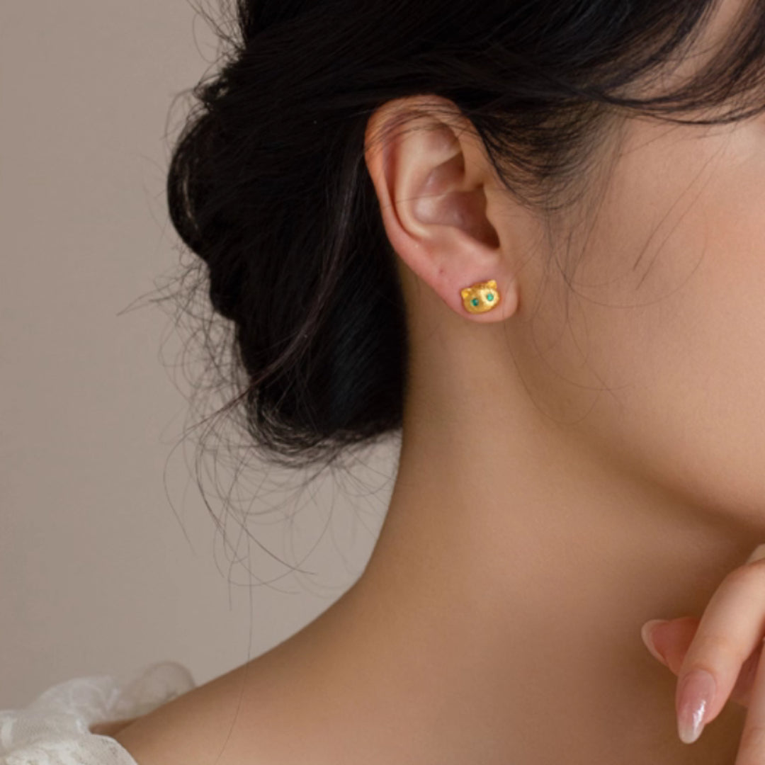 24K Real Gold Kitty Cat Stud Earrings with Green eyes Enamel