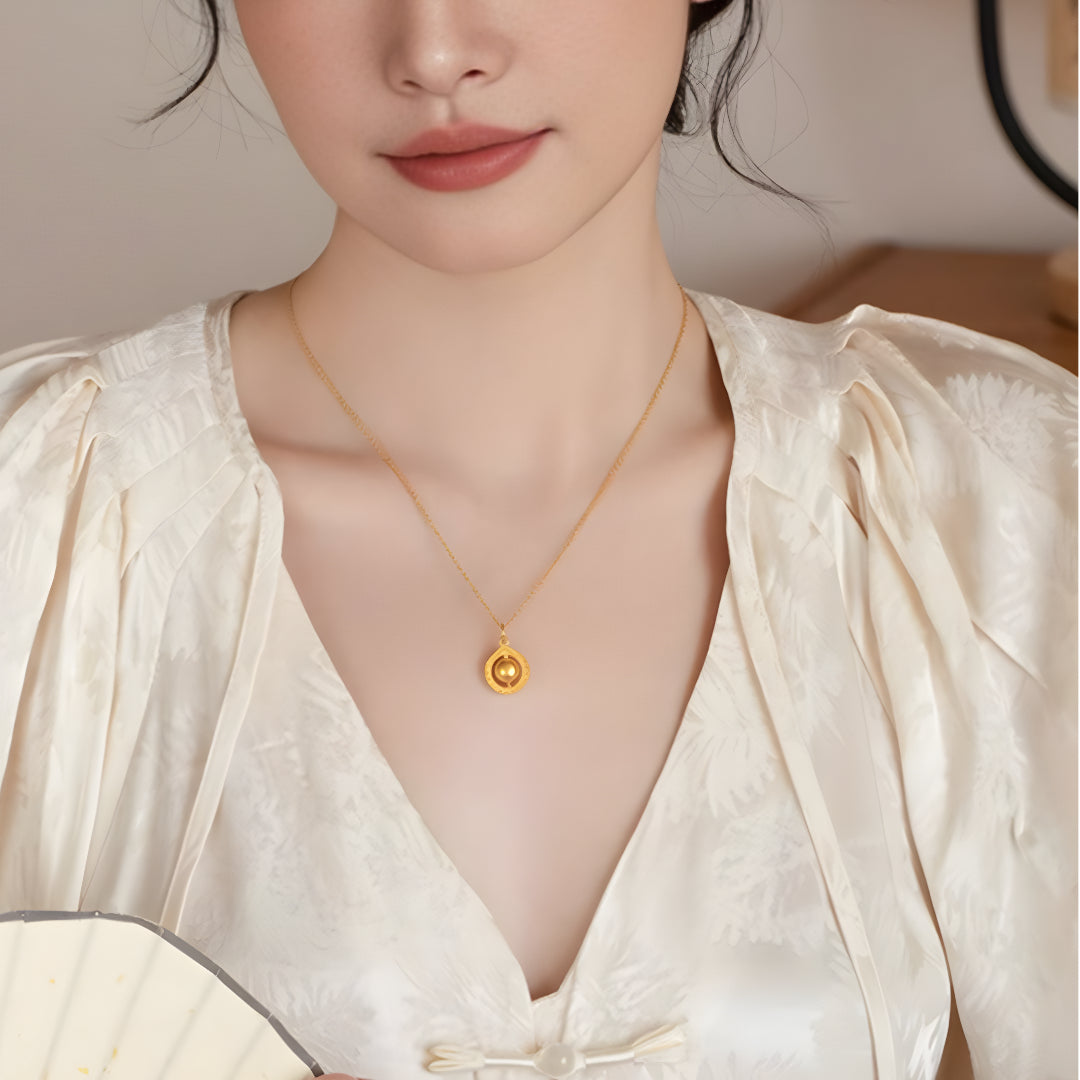 24K Gold Pendant with Gold Pattern Circle and Rotatable Ball bring Wealth