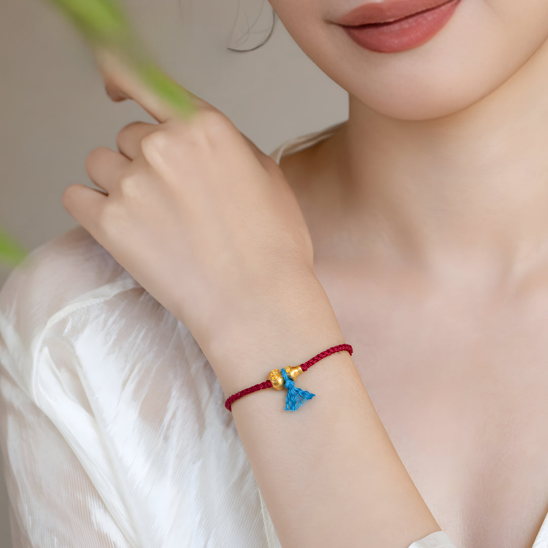24K Real Gold Lucky Gourd with Red Braided Rope Bracelet - Gypsophila Co.