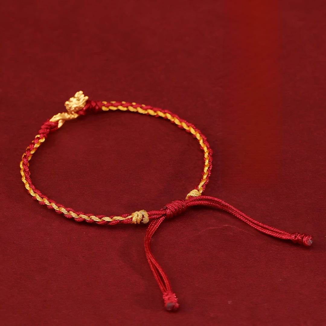 24k Solid 999 Gold Infinity Loop Dragon Pendant with Red String Braided Rope Bracelet and Anklet for Good Luck