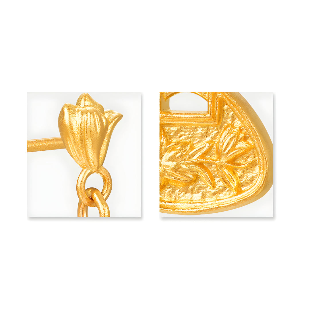 24k Real Gold Ancient Triditional Style Solid Snow Orchid Flower Stud Earrings