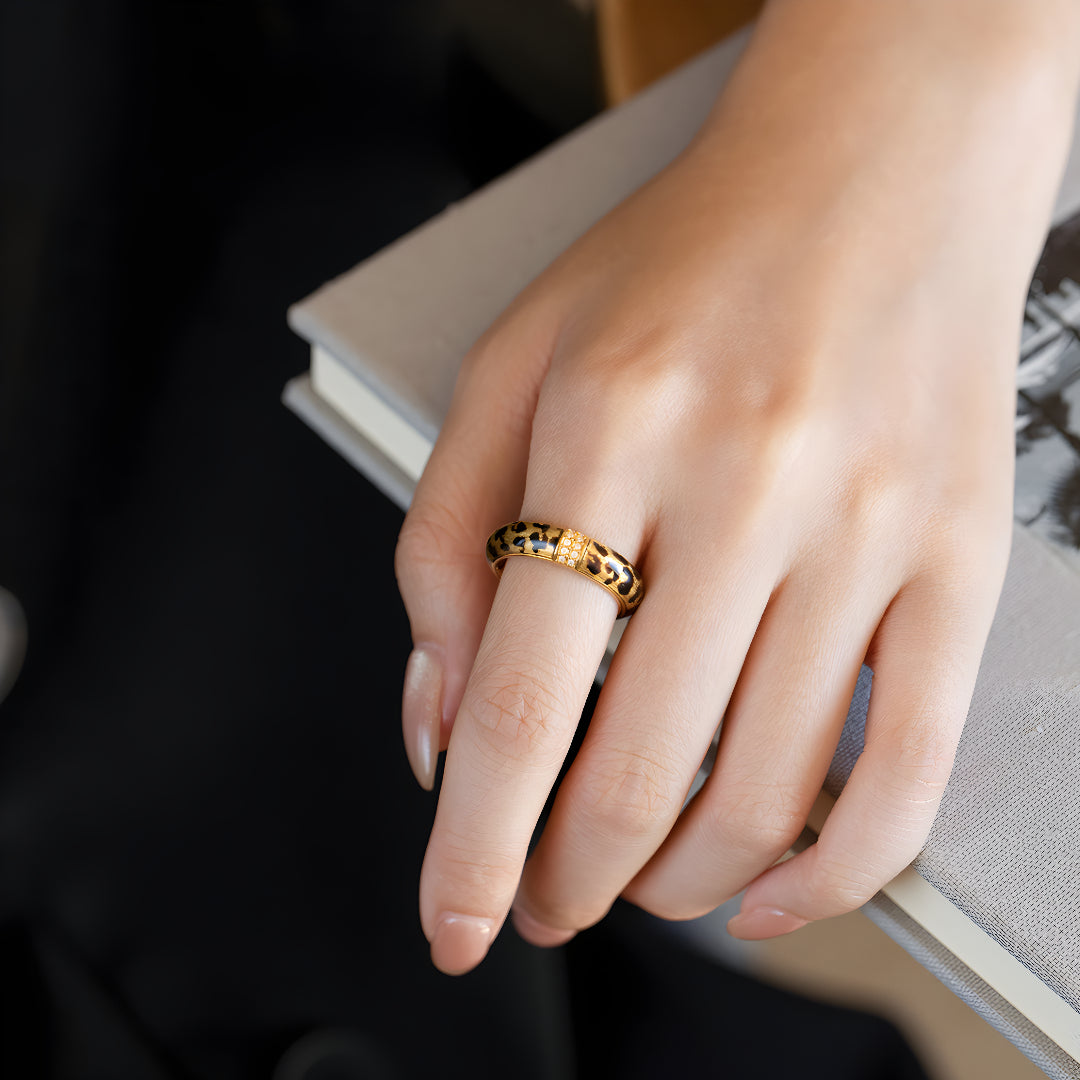 24k Pure Gold Leopard Enamel Pattern Statement Ring - Gypsophila Co.
