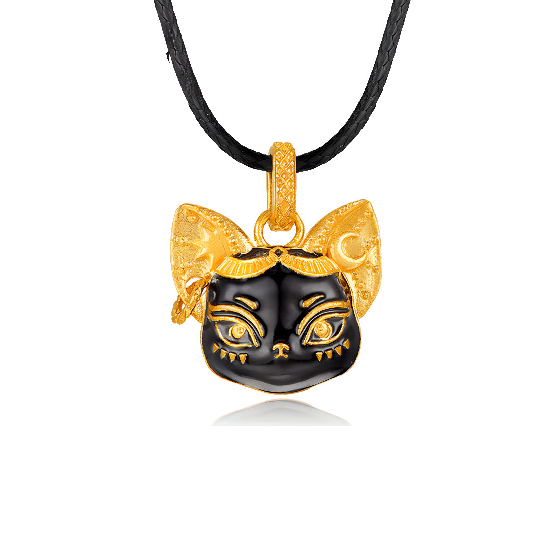 24K Real Gold Ancient Enamel Egypt Cat Pendant with Rope Necklace - Gypsophila Co.