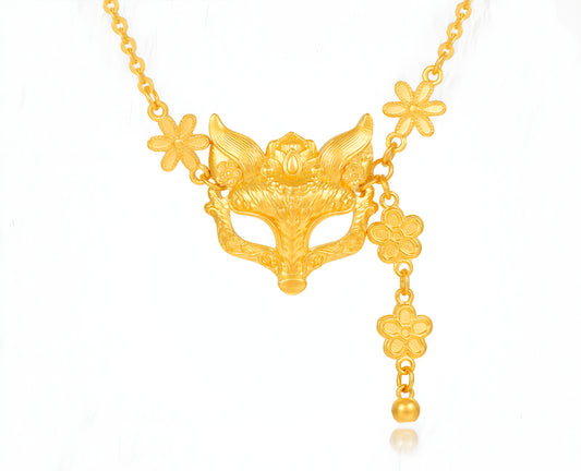 24K Pure Gold Peach Blossom Flower Fox Mask Charm Necklace - Gypsophila Co.