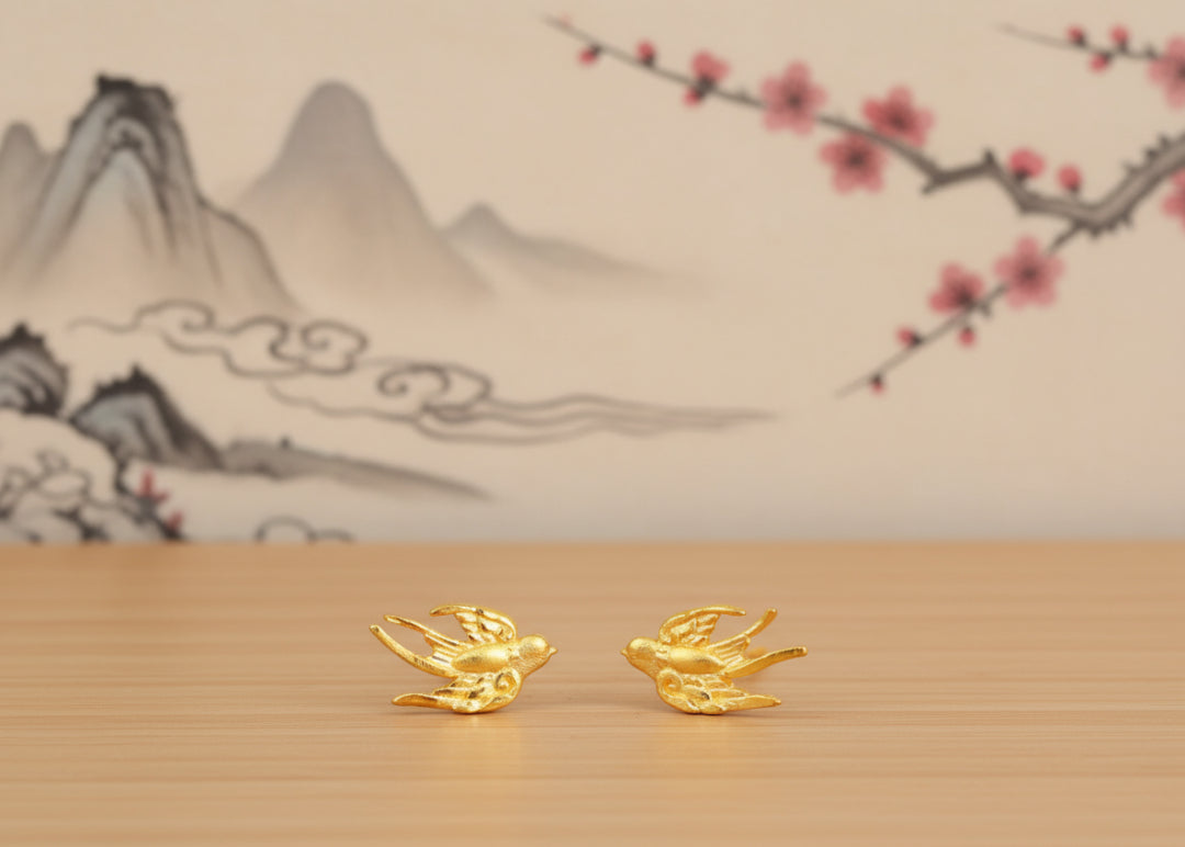 24K Solid Gold Hand-Carved Craft Swallow Women's Stud Earrings