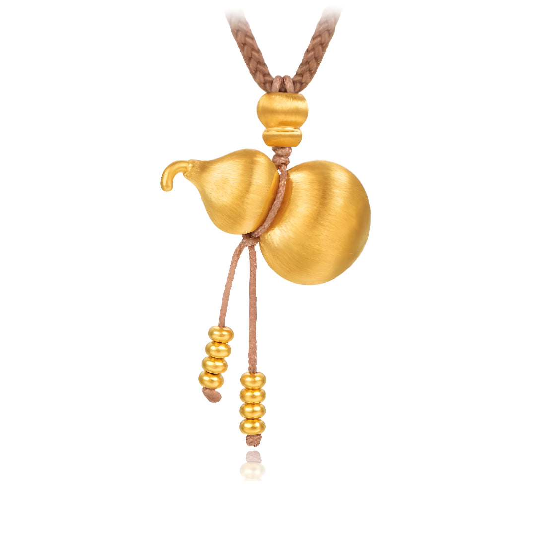 24K Pure Solid Gold Gourd Lucky Pendant with Rope Braided Necklace