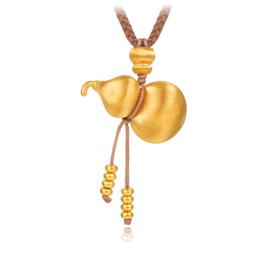 24K Pure Solid Gold Gourd Lucky Pendant with Rope Braided Necklace