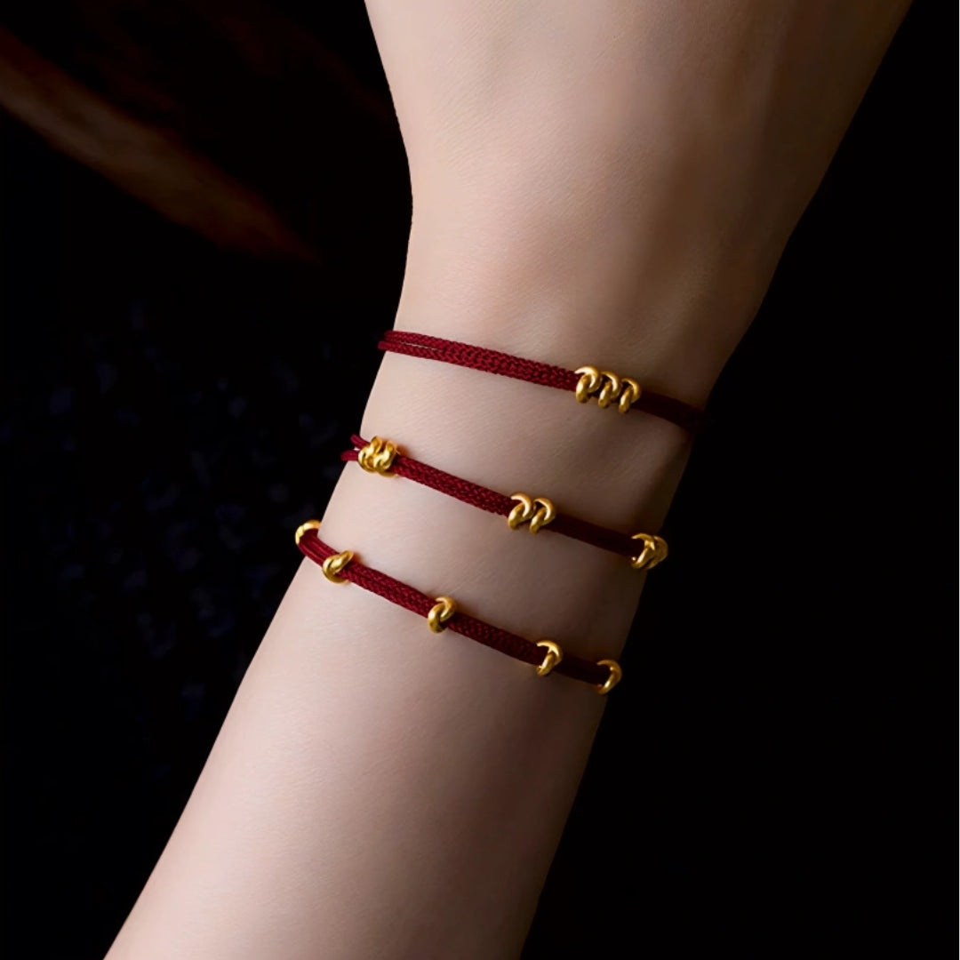 24k Pure 999 Gold Lucky Beads Tie the Knot with Red Rope Bracelet