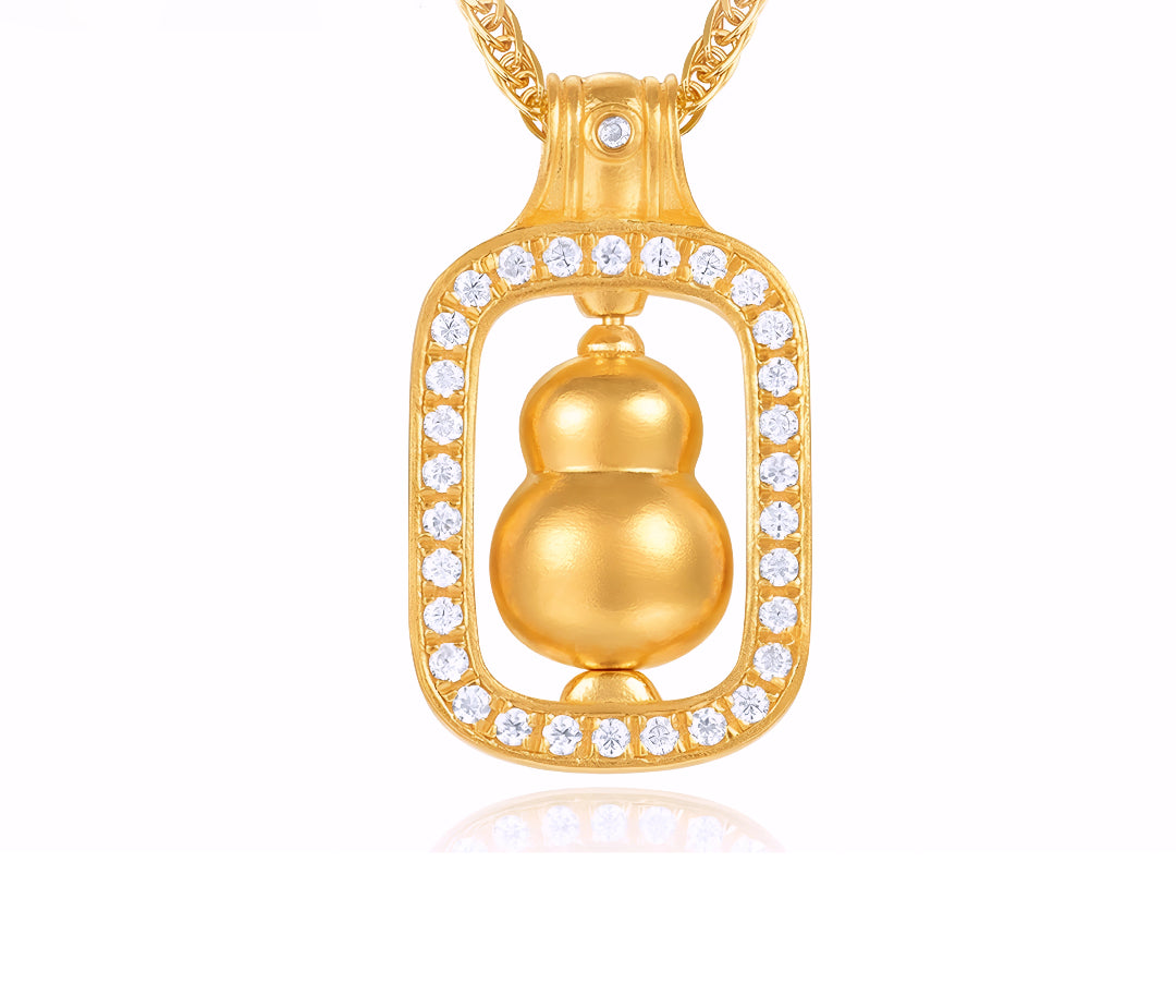 24K Pure 999 Gold Gourd Anicent Lucky Moissanite Rotatable Pendant