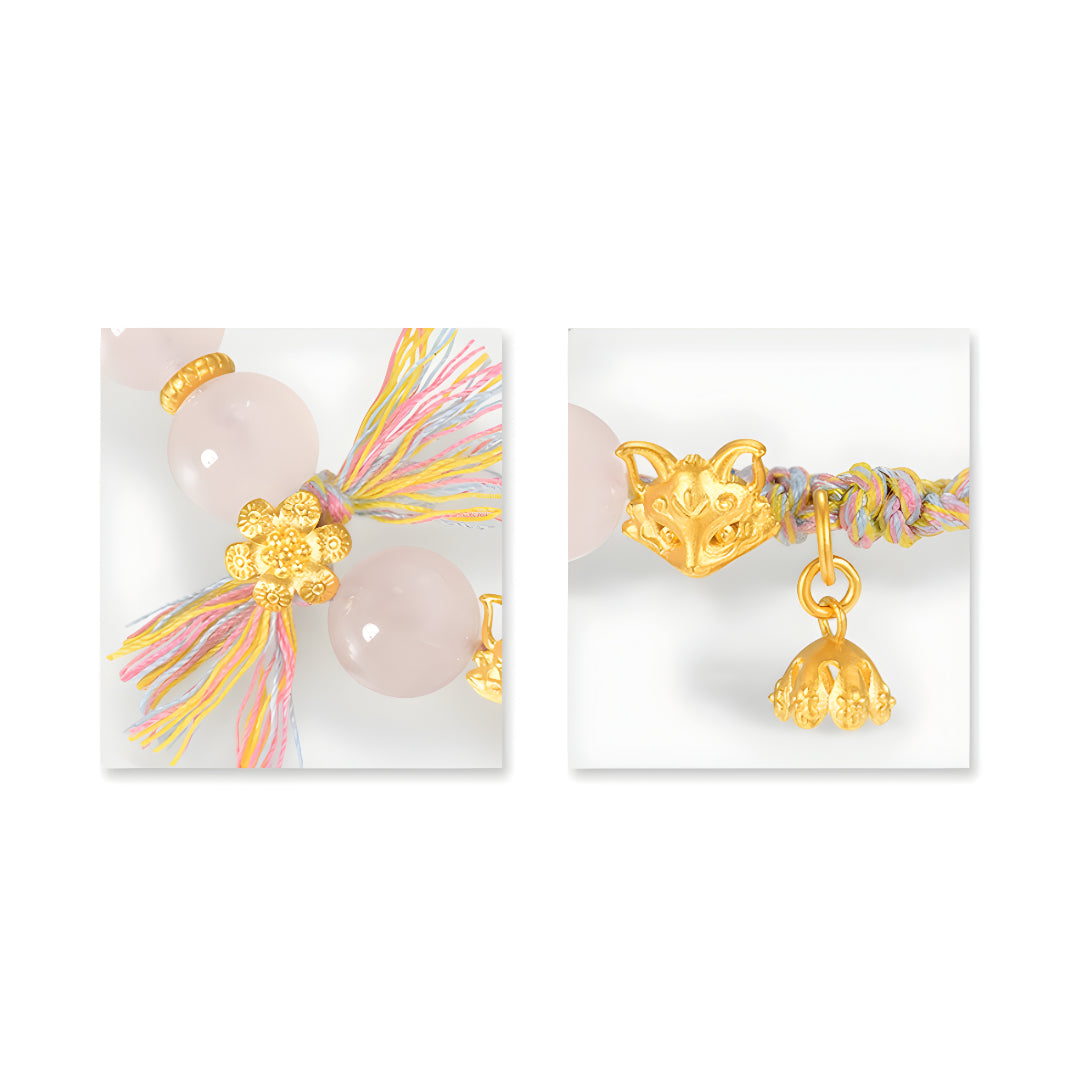 24K Pure Gold Peach Blossom Fox Mask Charm Braided Pink Crystal Rope Bracelet - Gypsophila Co.
