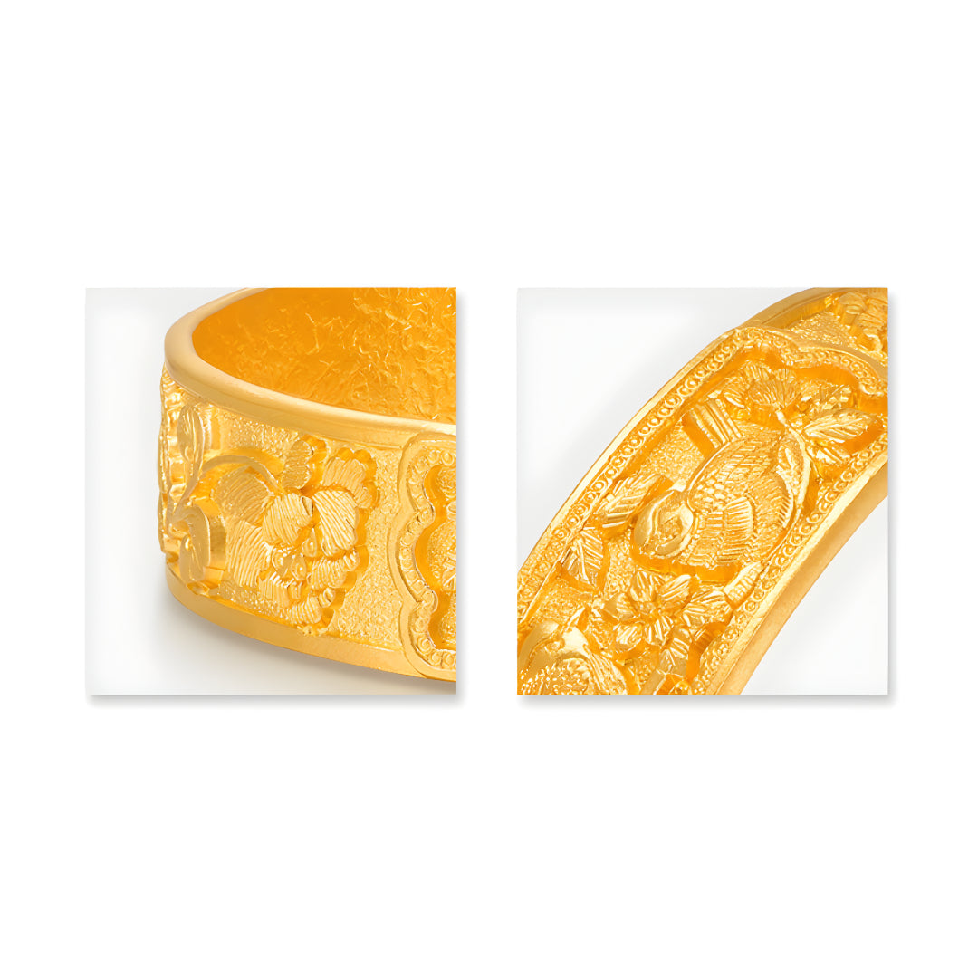 24K Pure Gold Engraving Bird and Cherry Blossom Flower Bangle Bracelet - Gypsophila Co.