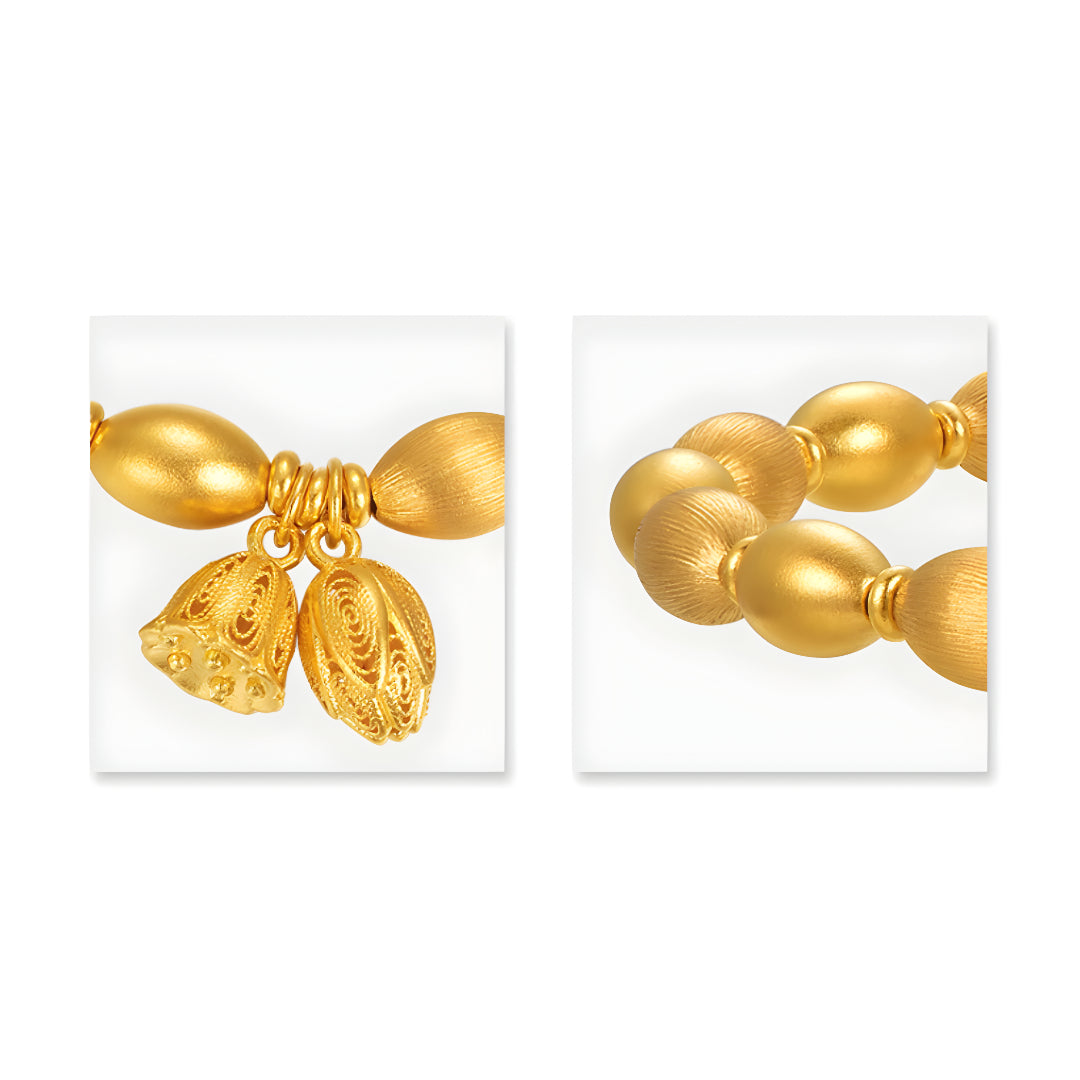 24k Real Gold Beads Bracelet with Lotus Charm Pendant - Gypsophila Co.