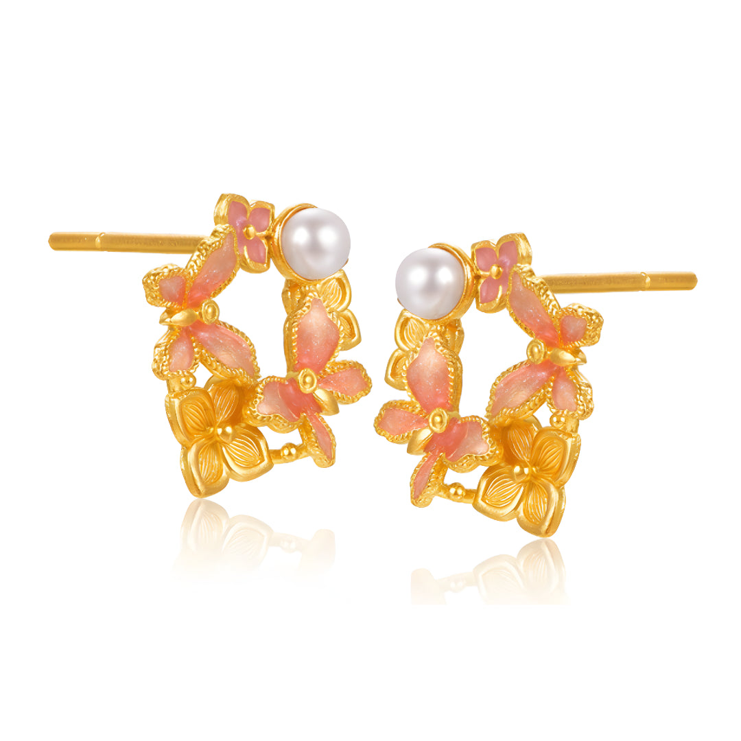 24k Real Gold Dancing Butterfly Pink Enamel Pearl Stud Earrings - Gypsophila Co.