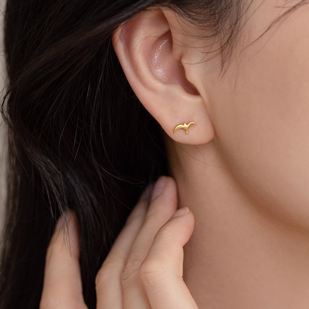 24K Pure Solid Gold Bird Stud Earrings