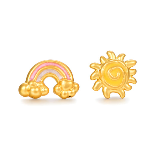 24K Real Gold Cute Playful Sun and Rainbow 5D Hard Gold Enamel Asymmetrical Stud Earrings - Gypsophila Co.