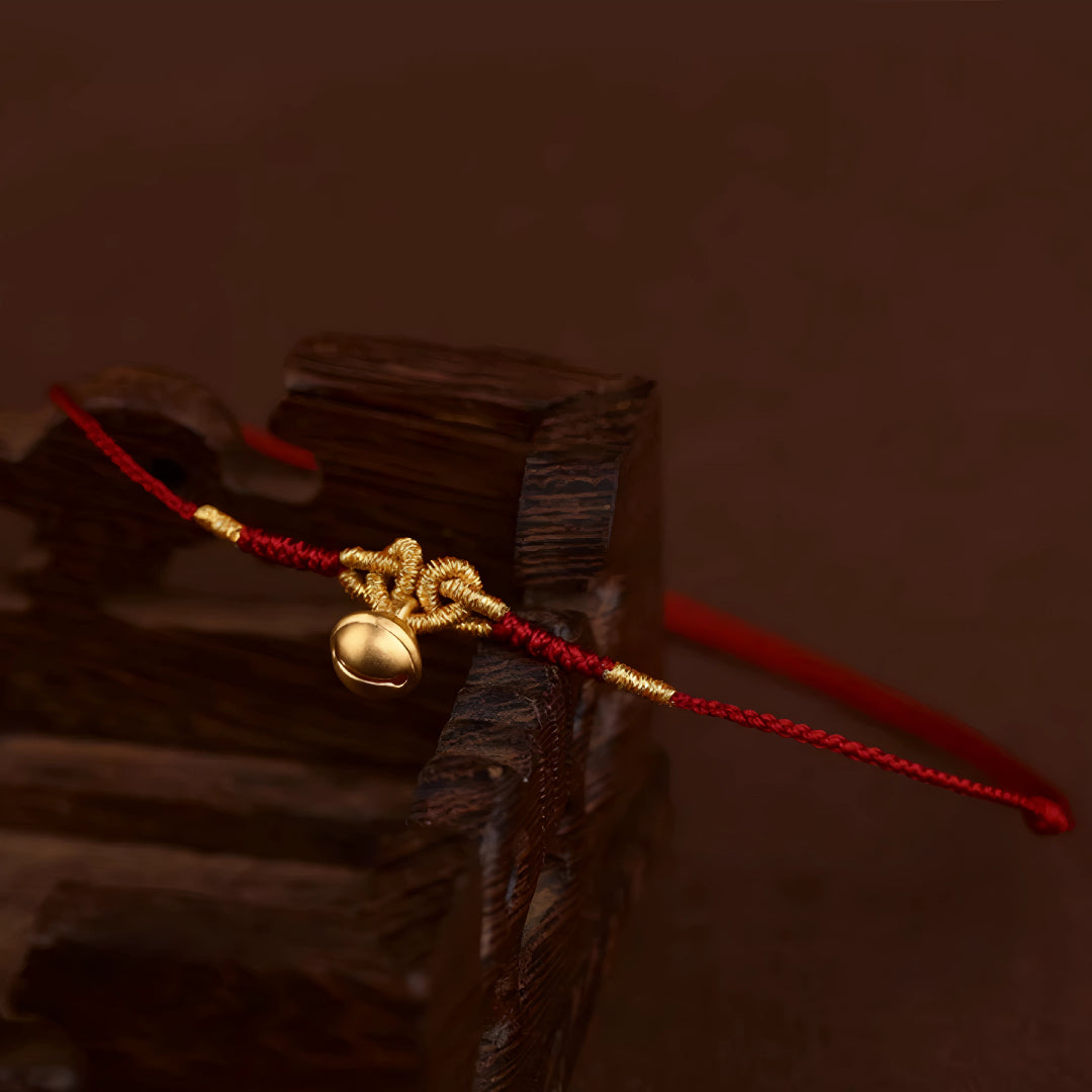 24k Solid 999 Gold Bell Charm Fine Woven Ultra-thin 3D Hard Gold Red Rope Braided Bracelet and Anklet