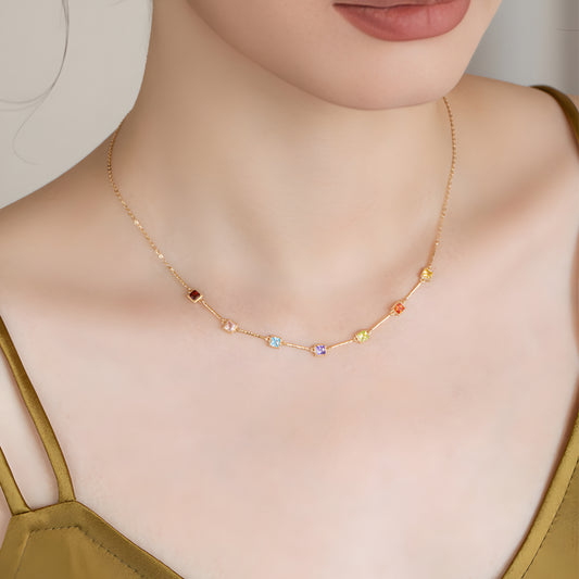 18K Real Gold Zircon Rainbow Cube Necklace - Gypsophila Co.