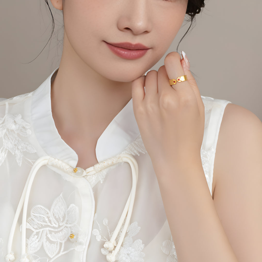 24K Pure Gold Ruyi Fu Blessing Enamel Stacking Ring - Gypsophila Co.