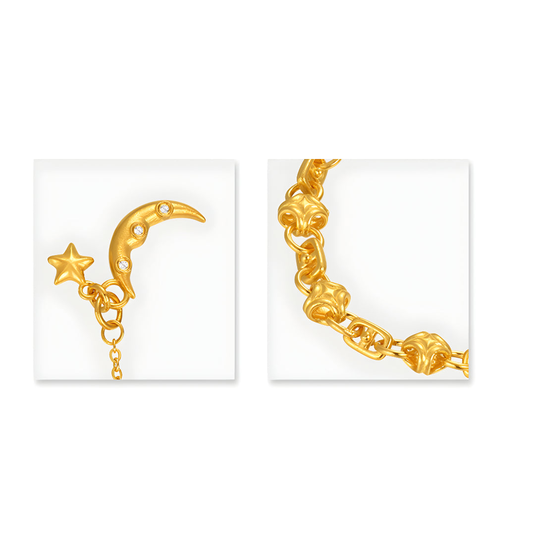 24K Pure Gold Moon and Star Dangle Charm Romantic Make a Wish Bracelet - Gypsophila Co.