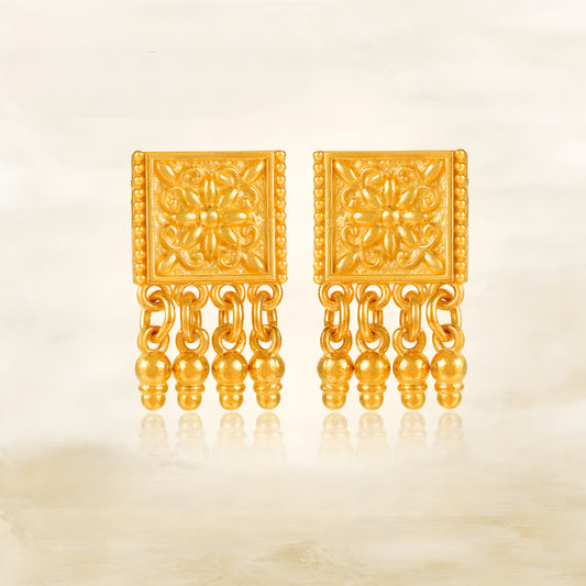 24K Real Gold handmade Ethnic Style Charm Dangle Flower Stud Earrings