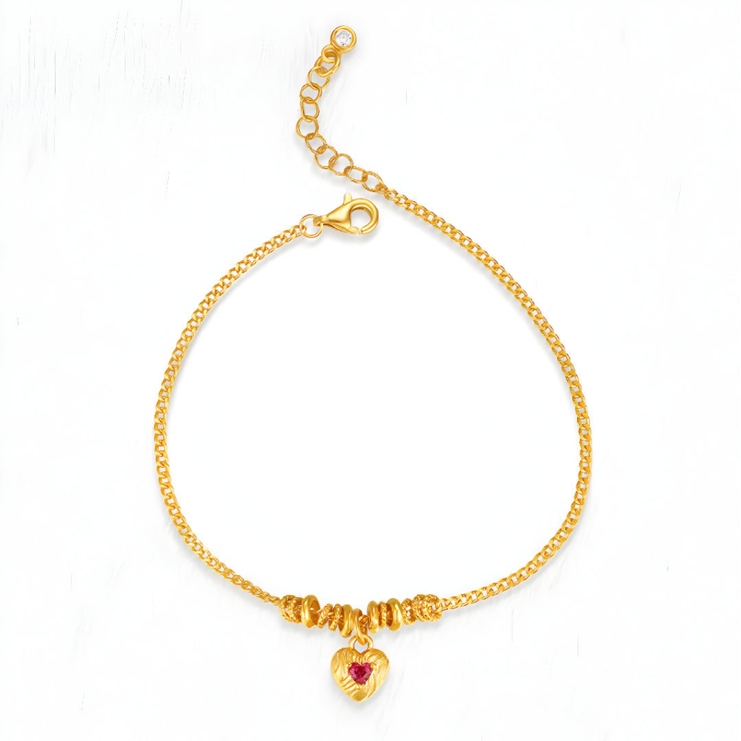 24K Real Gold Chain and link Bracelet with Beads and Heart Charm
