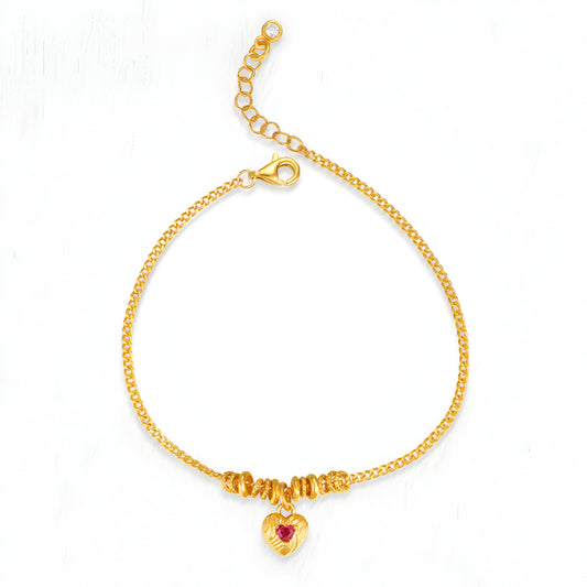 24K Real Gold Chain and link Bracelet with Beads and Heart Charm