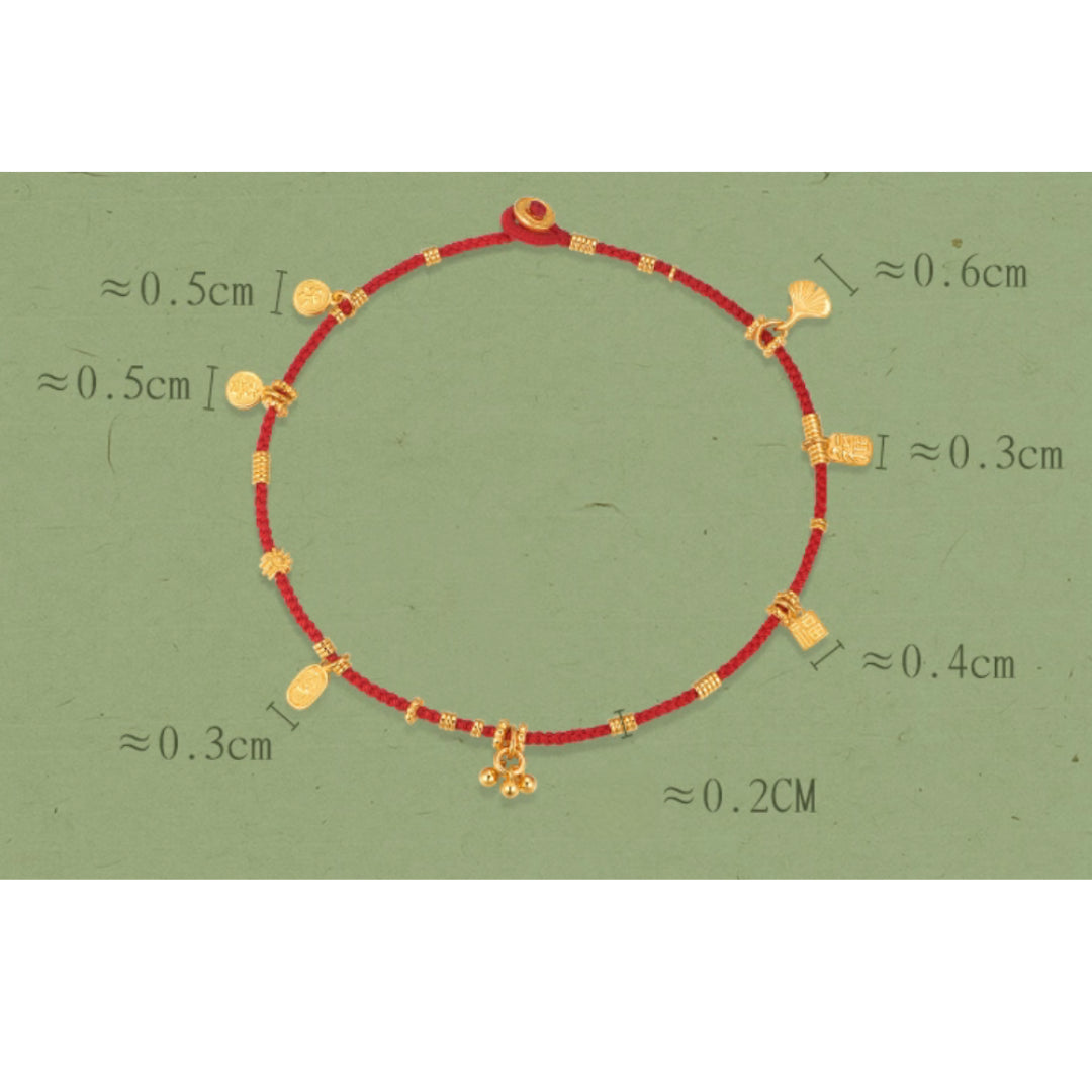 24K Real Gold beads Charms Blessing Bell Lucky Red Rope string Braided Anklet