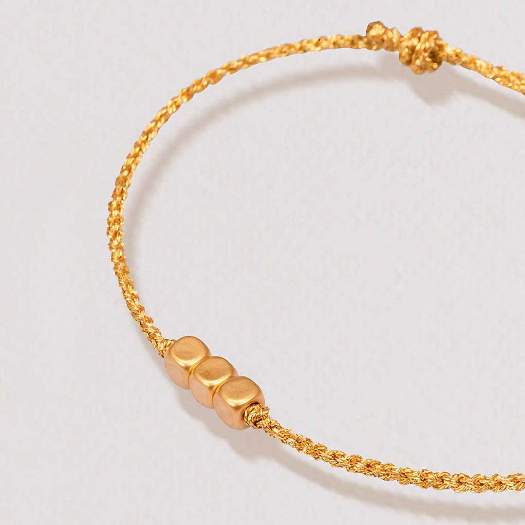 24k Pure 999 Gold Lucky Beads Cube with Golden Rope Bracelet