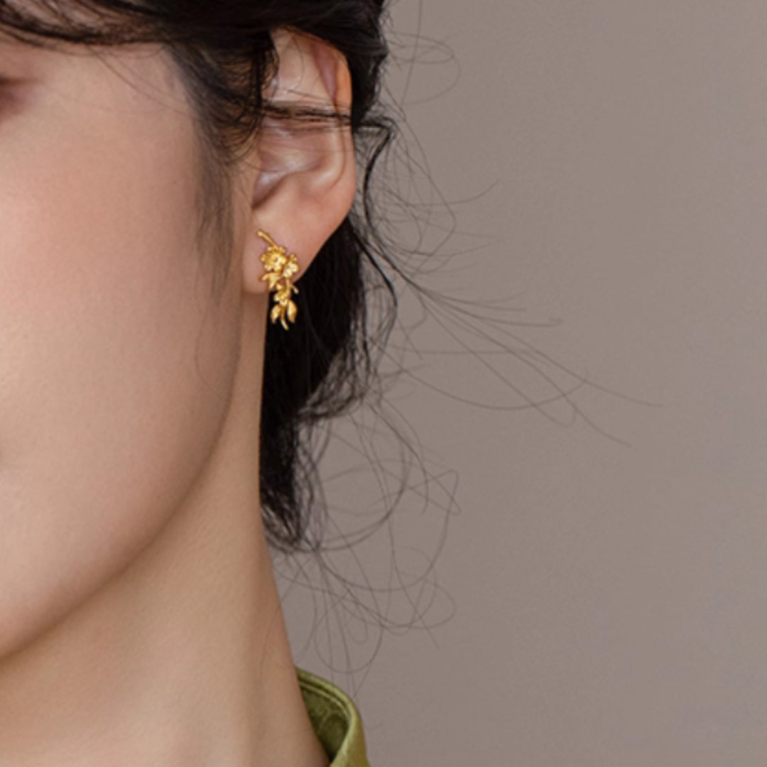 24K Real Gold Bird and Flower Unique Stud Earrings