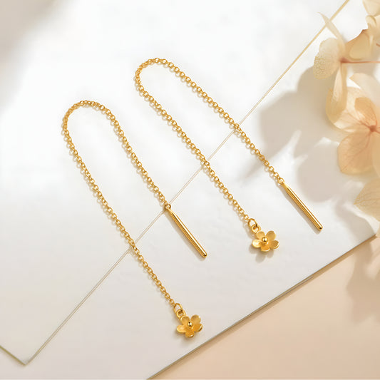 24k Real 999 Gold Flower Cherry Blossom Charm Threader Earrings