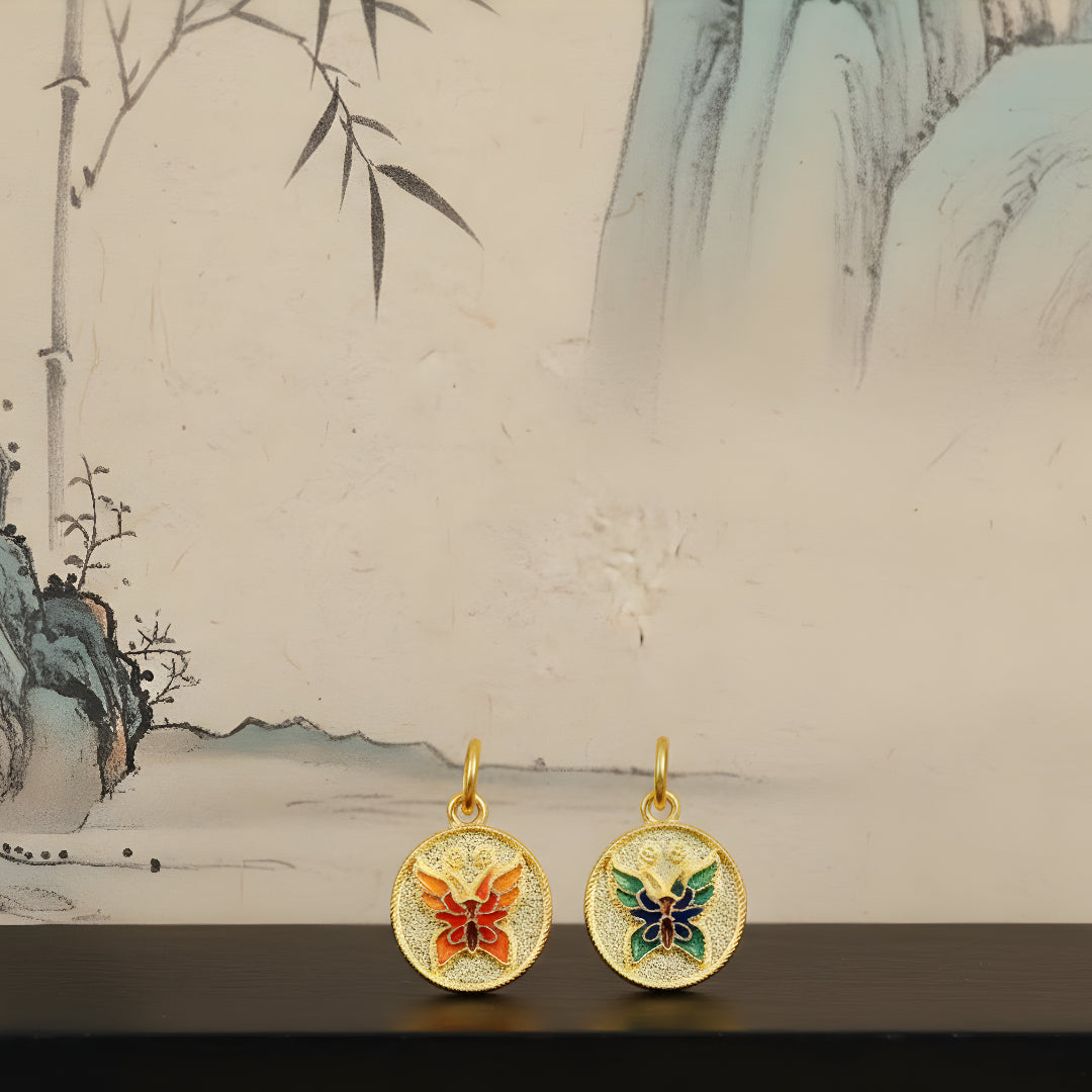 24k Pure Gold 999 Ancient Enamel Hand-engraved Double side Butterfly Charm Pendant