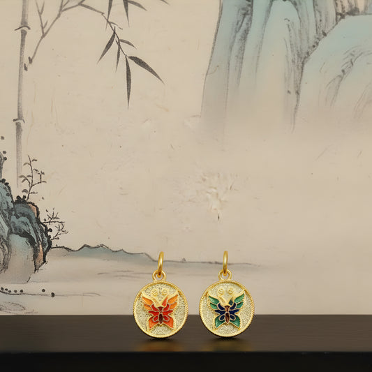 24k Pure Gold 999 Ancient Enamel Hand-engraved Double side Butterfly Charm Pendant