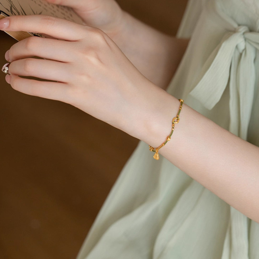 24K Real Gold beads Charms Blessing Bell Lucky Green Tea rope string Braided bracelet