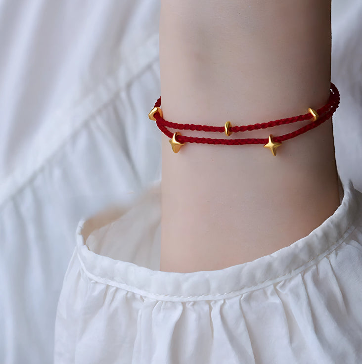 24k Pure 999 Gold Sea of Star Charm with Red or Blue Braided Rope Bracelet