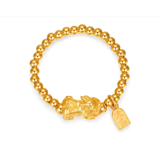 24K Real Gold Pixiu Creature Bring Wealth and Luck Beads Ring with Charms