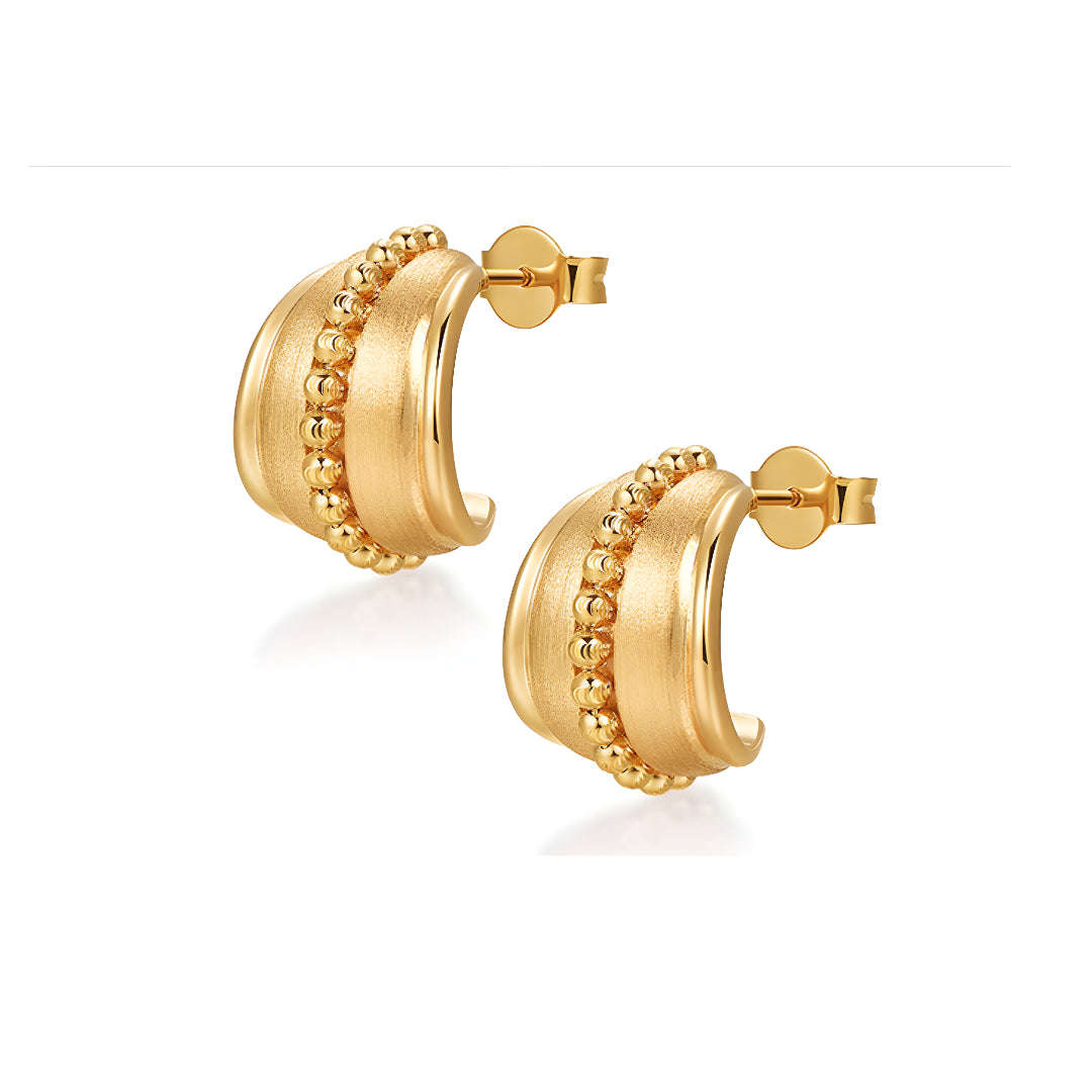 18k Real Gold Brushed Pattern Geometric Stud Earrings