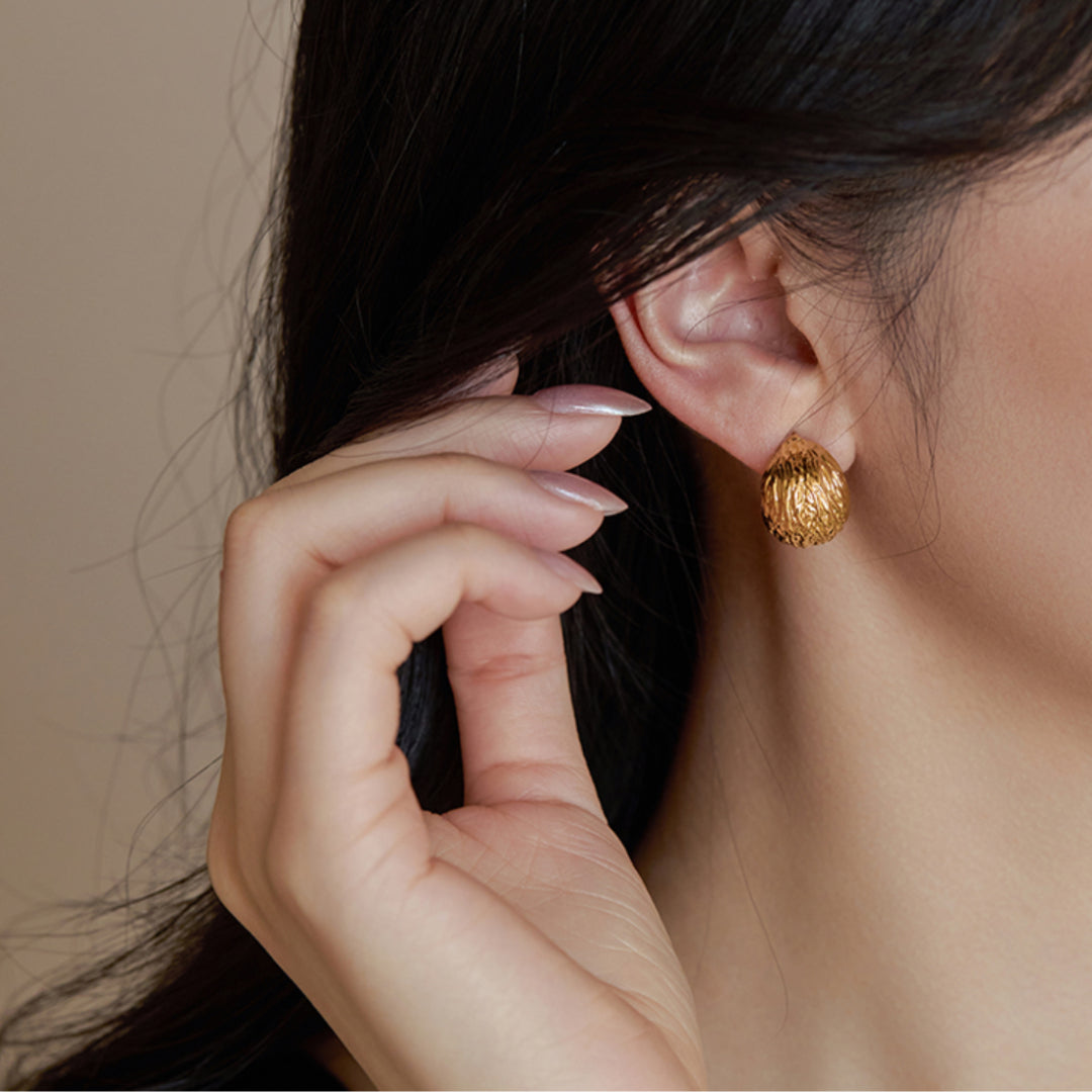 24K Real Gold 5D Hard Gold Minimal Pattern Stud Earrings