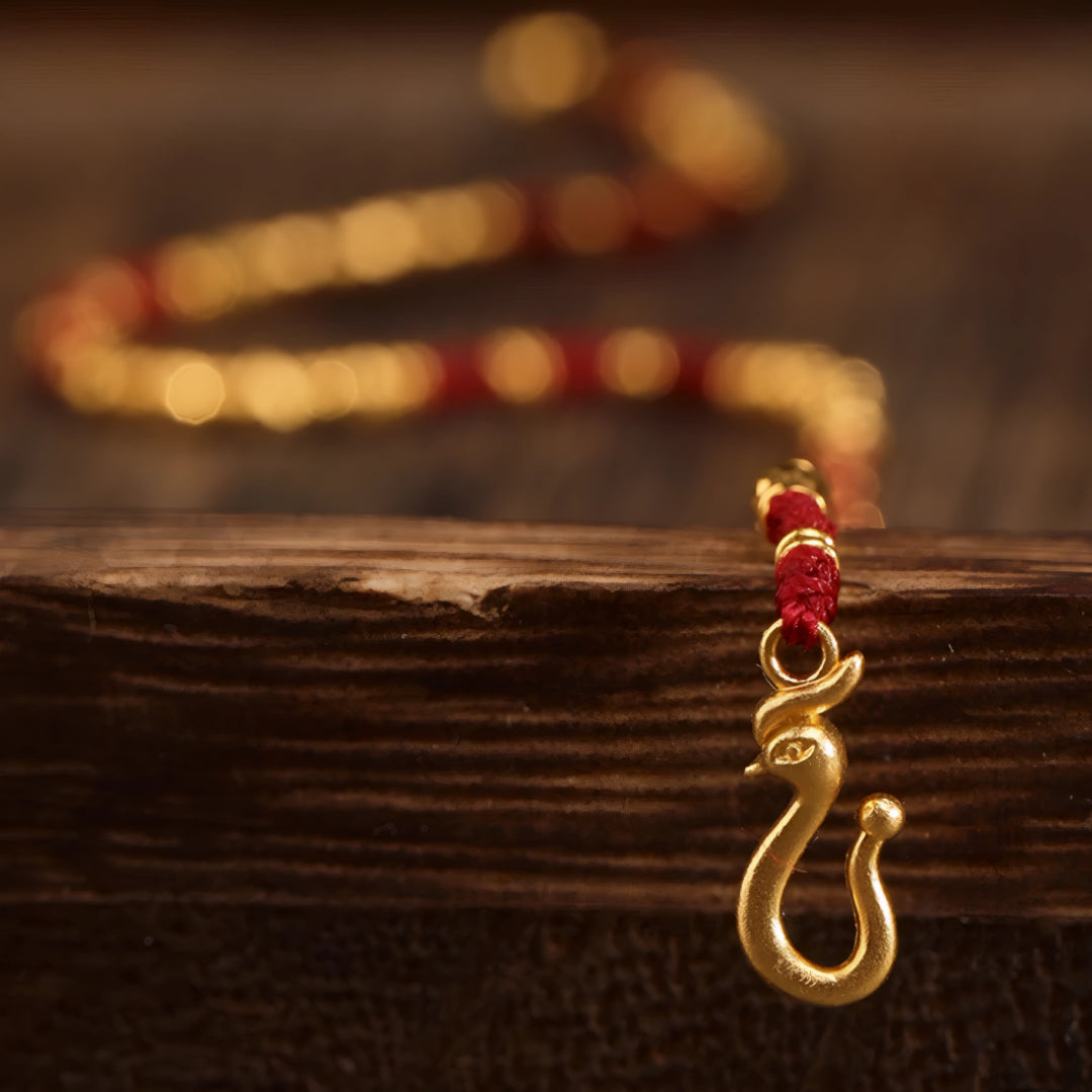 24k Solid 999 Gold Chinese Beads Red Braided Rope Bracelet for Men and Women Blessing and Luck
