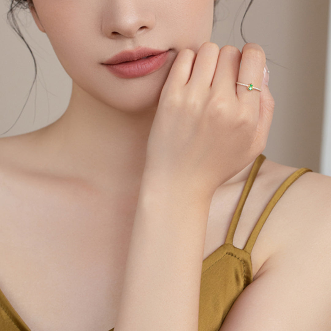 18K Real Gold Green Jade Gourd Stacking Ring Proposal Wedding Bride Gift - Gypsophila Co.