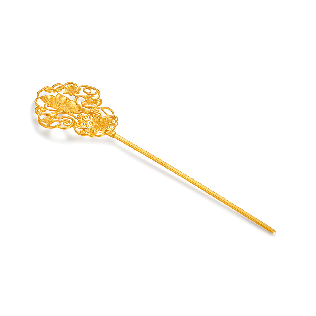 24k Gold Flower Flying Butterfly Hand-Carved Hairpin Hair Bun Stick