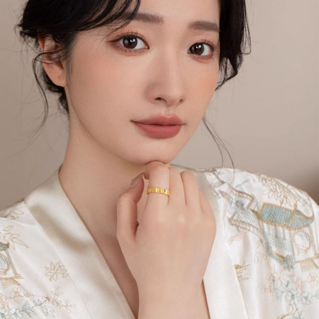 Mahjong 24K Gold Ring Good Fortune Bring Wealth Band Stacking Ring