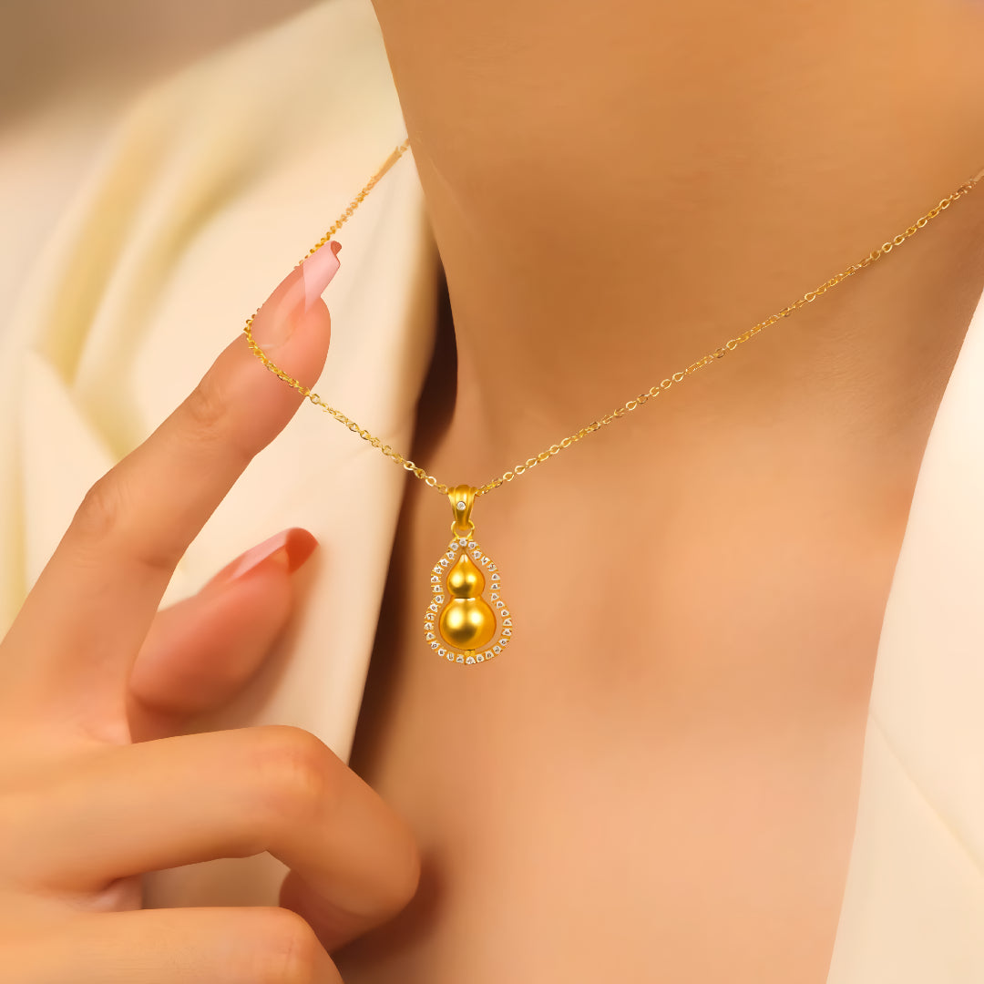 24K Pure Solid Gold Gourd Lucky Pendant - Gypsophila Co.