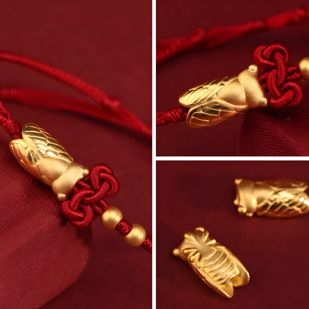 24k Solid 999 Gold Cicada Pendant with Red String Braided Rope Bracelet for Good Luck