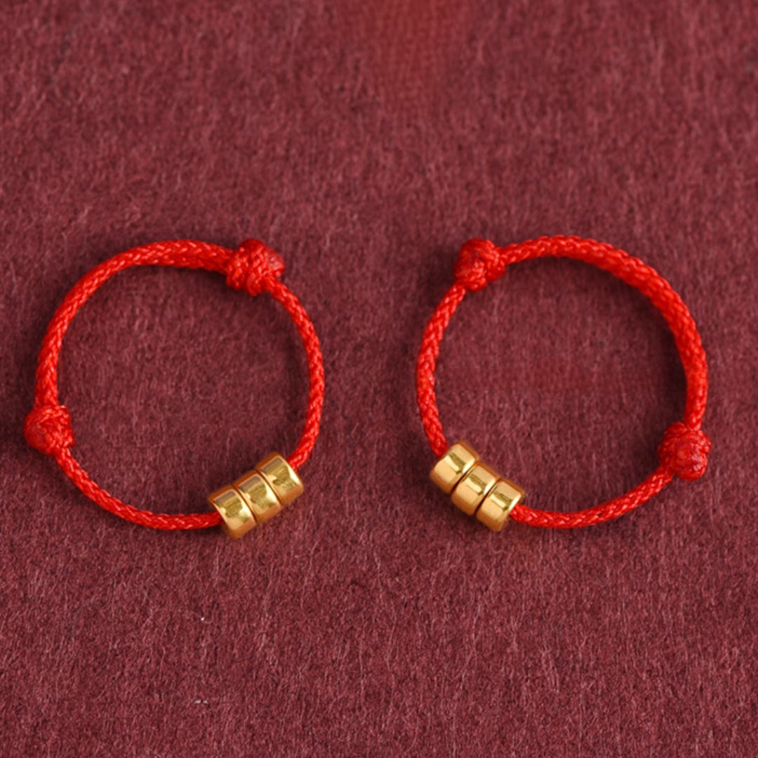 24k Solid 999 Gold Lucky Beads Red Rope Braided Adjustable Stacking Ring Minimal Style
