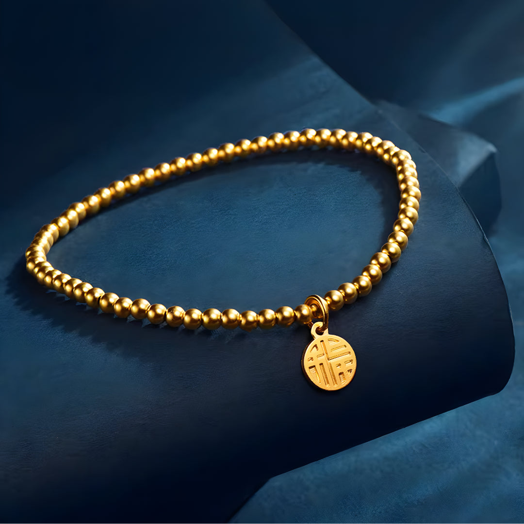 24K Beads Minimal Bracelet with Blessing Chinese Font Fu Charm for Good Luck