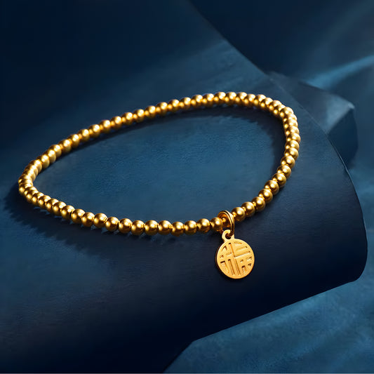 24K Beads Minimal Bracelet with Blessing Chinese Font Fu Charm for Good Luck