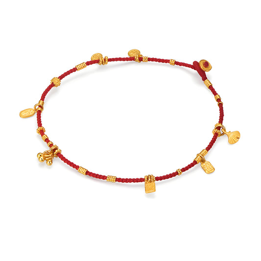 24K Real Gold beads Charms Blessing Bell Lucky Red Rope string Braided Anklet