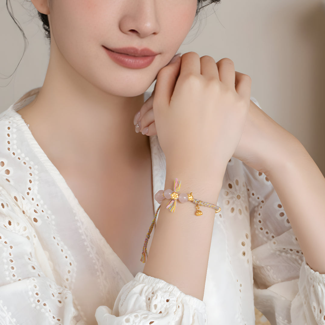 24K Pure Gold Peach Blossom Fox Mask Charm Braided Pink Crystal Rope Bracelet - Gypsophila Co.