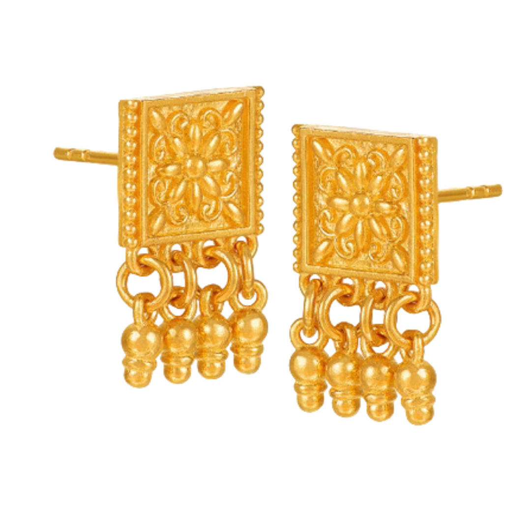 24K Real Gold handmade Ethnic Style Charm Dangle Flower Stud Earrings