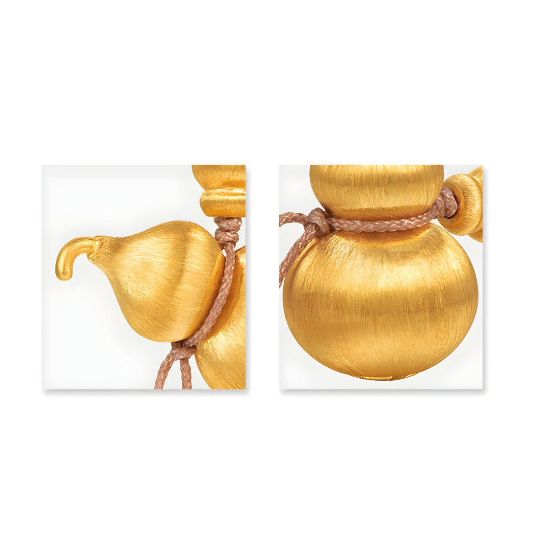 24K Pure Solid Gold Gourd Lucky Pendant with Rope Braided Necklace